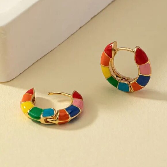 Rainbow Multi-color Enamel Huggie Earrings Medium Hoop #1343 - Picture 6 of 7